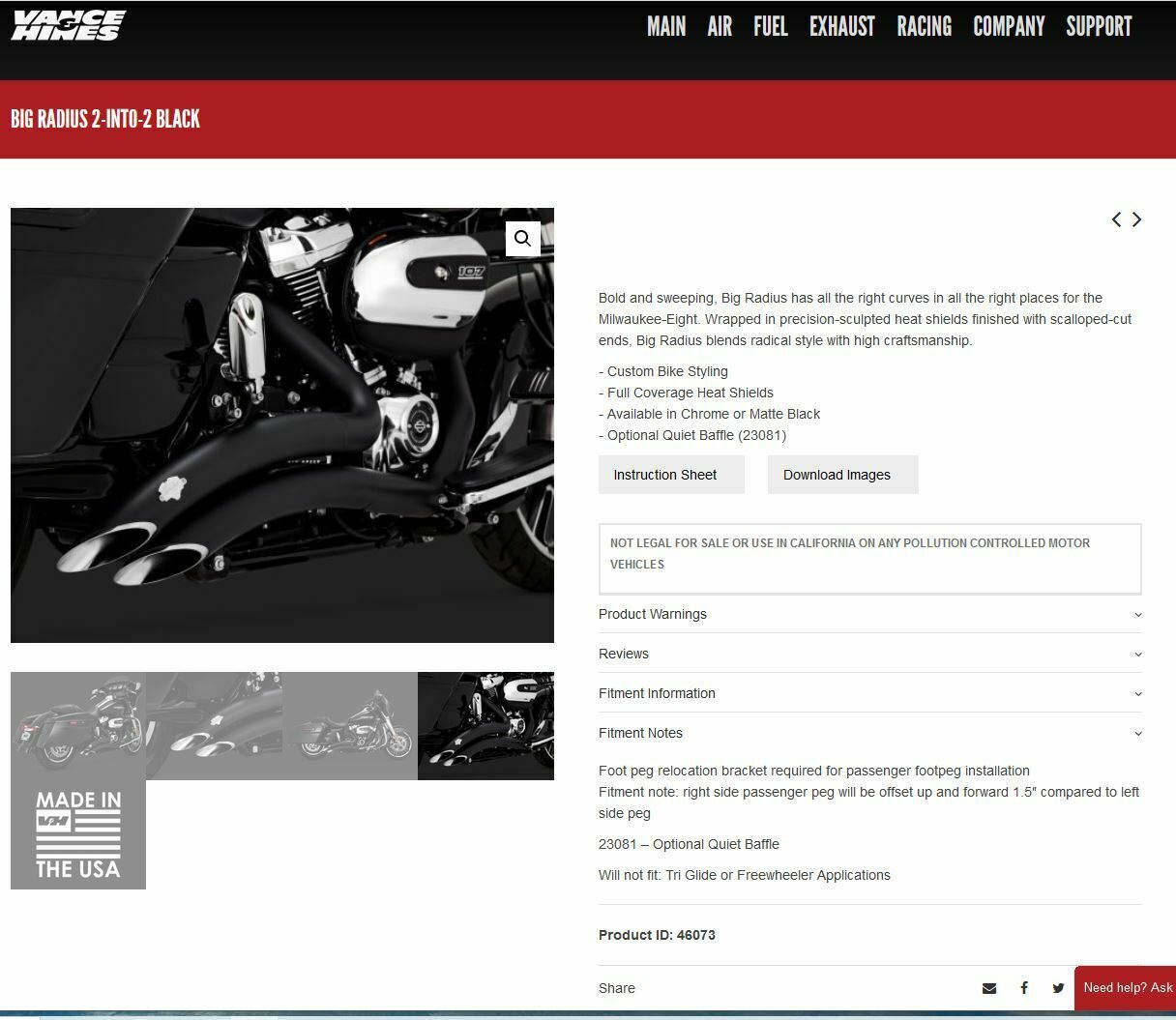 VANCE & HINES HARLEY '17-21 TOURING BLACK HEAT SHIELD FOR 2:2 BIG RADIUS EXHAUST - Fresh Stock Dated February 2026