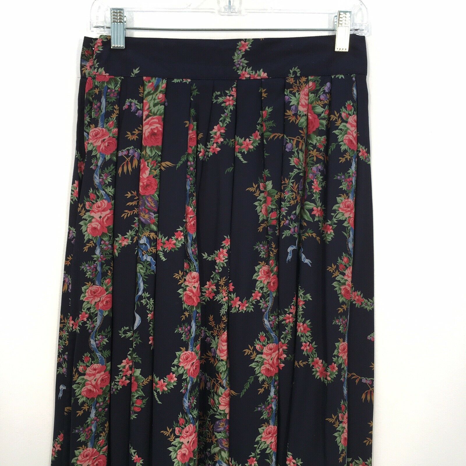 VTG 80s Herman Geist Dark Blue Floral Print Midi Pleated Skirt Womens Size 8 - Fresh Stock Dated February 2026