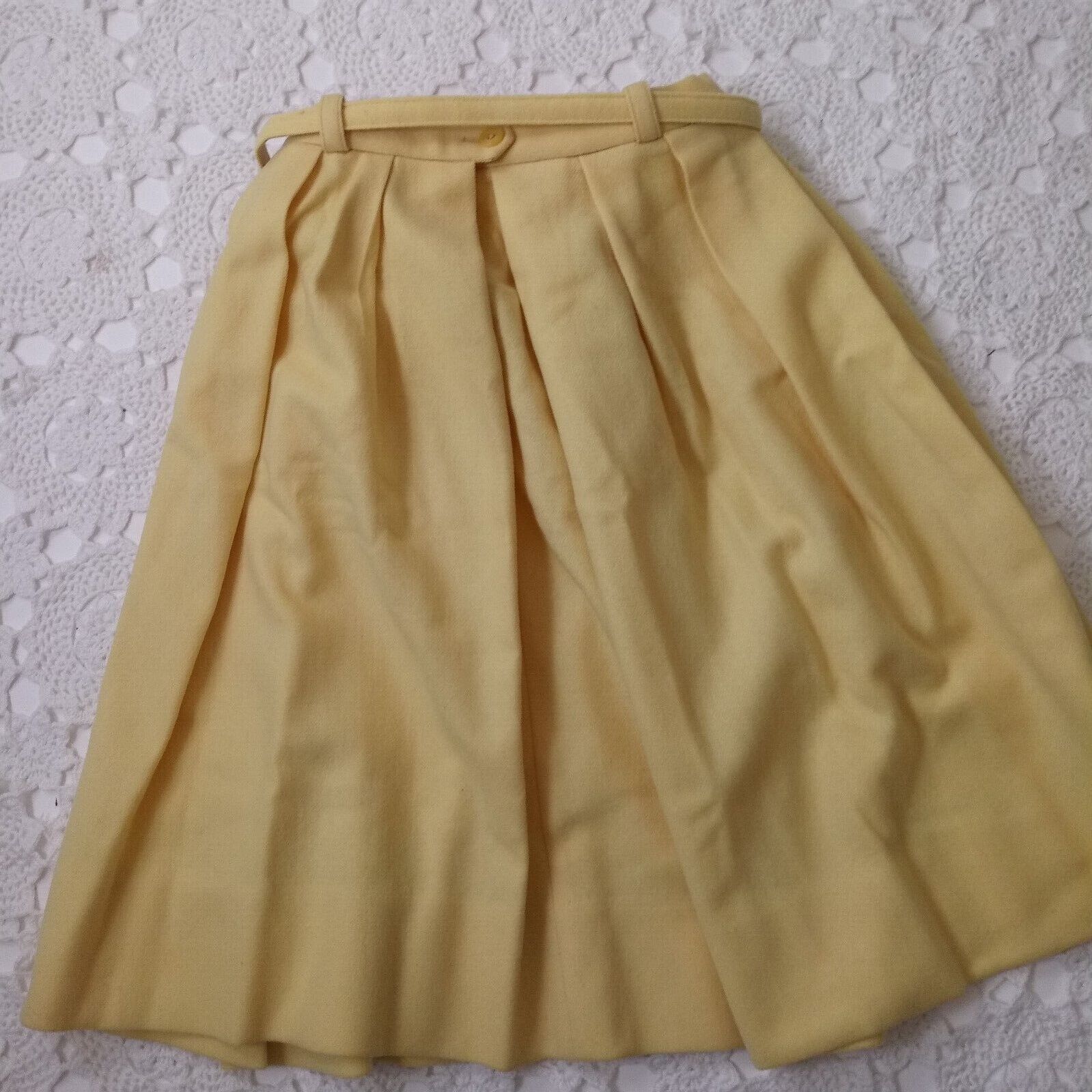 Vtg 60s Skirt Knee Length Pleated A Line Butter Yellow Wool Belted XS Women Mod - Fresh Stock Dated March 2026