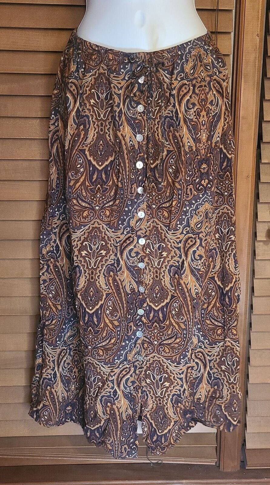 Vintage Studio paisley hippie skirt pearl button front L rayon maxi midi boho - Fresh Stock Dated March 2026