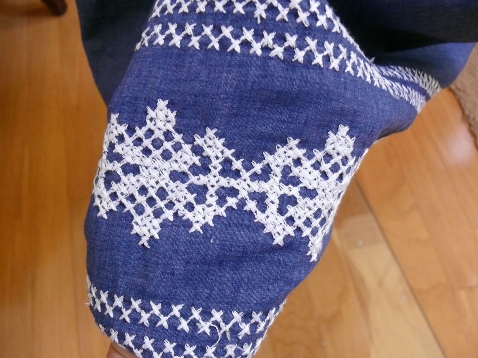 1960-70`s Long Cotton Blend Denim Midi Skirt  with White Machine Embroidery - Fresh Stock Dated February 2026