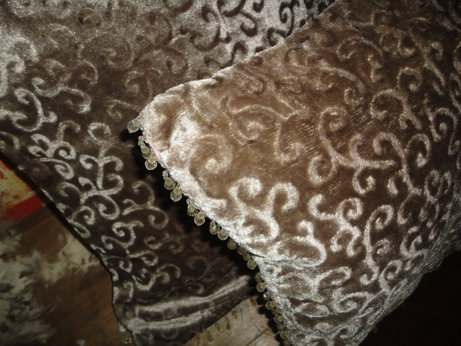BEADED TAUPE VELOUR SCROLL (2) PILLOW COVERS 18 X 18 - Fresh Stock Dated February 2026