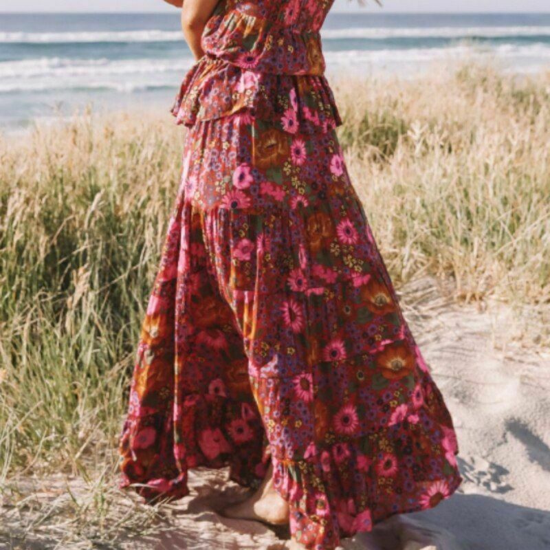 Women Vintage Skirt Beach Bohemian Floral Print Hippie High Elastic Waist Maxi - Fresh Stock Dated February 2026