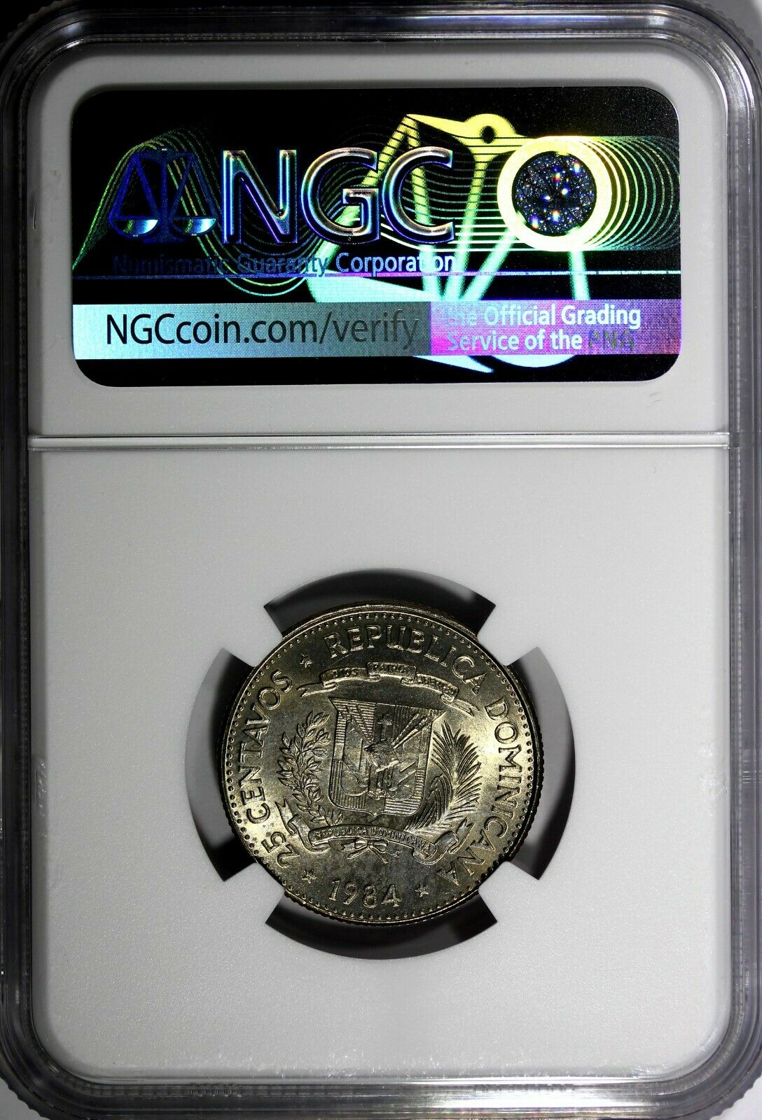 DOMINICAN REPUBLIC 1984 25 Centavos NGC MS64 Mirabal Sisters Toned KM# 61.1 (53) - Fresh Stock Dated December 2025