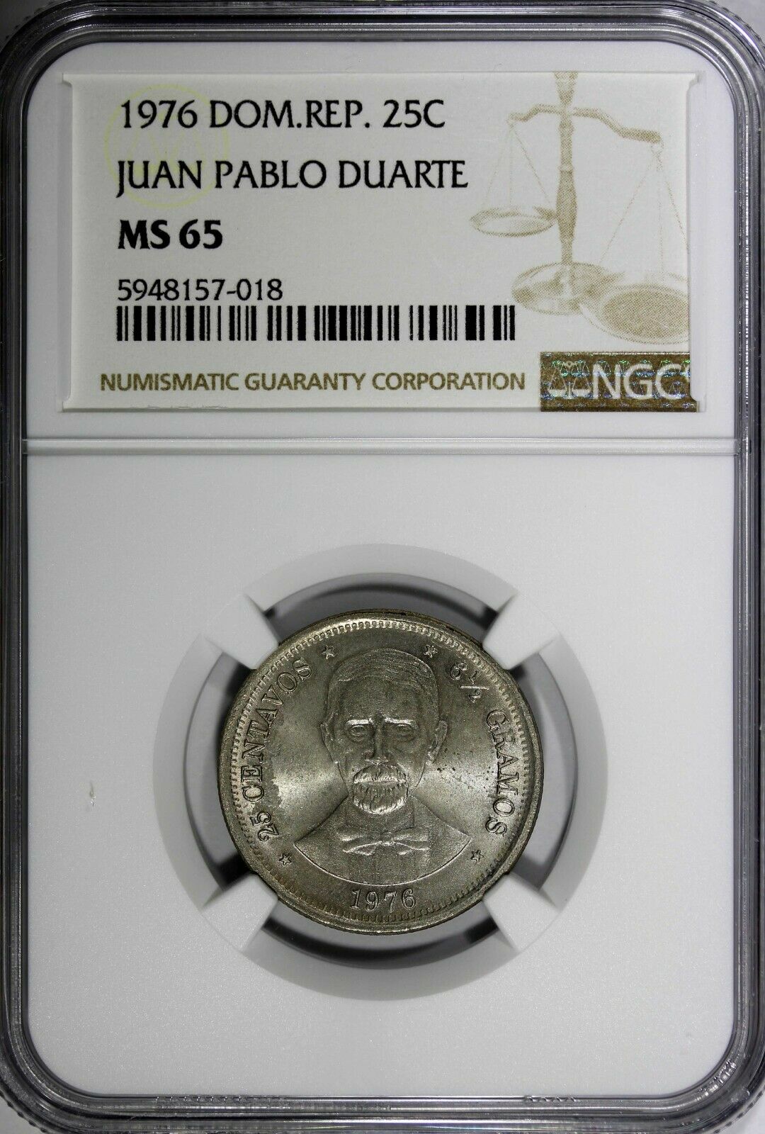 DOMINICAN REPUBLIC 1976 25 Centavos NGC MS65 Death of Juan Pablo Duarte KM#43(8) - Fresh Stock Dated February 2026