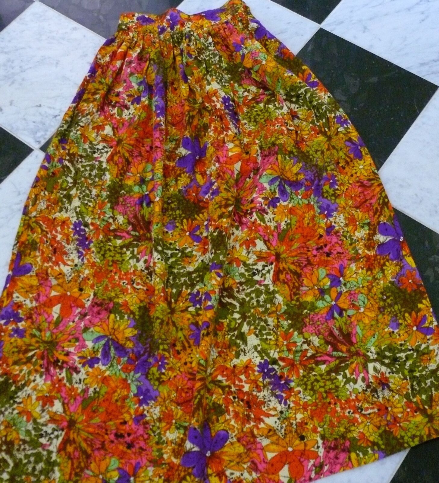 1960-70`s  Bright Intense Floral and Batik Look Long Skirt High Waisted WOW - Fresh Stock Dated February 2026