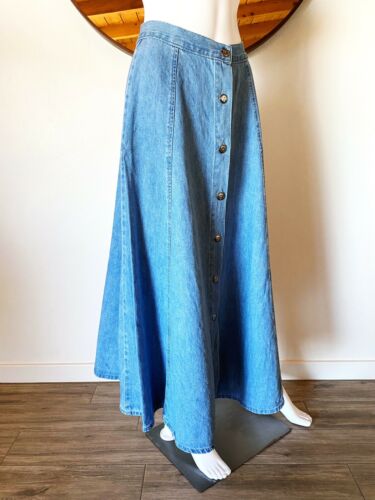 VTG 90'S FORENZA MIDI A-LINE DENIM SKIRT BUTTON FRONT MADE IN USA XS 24.5-25.5