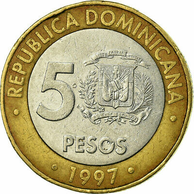 [#696062] Coin, Dominican Republic, 5 Pesos, 1997, VF(30-35), Bi-Metallic, KM:88 - Fresh Stock Dated December 2025