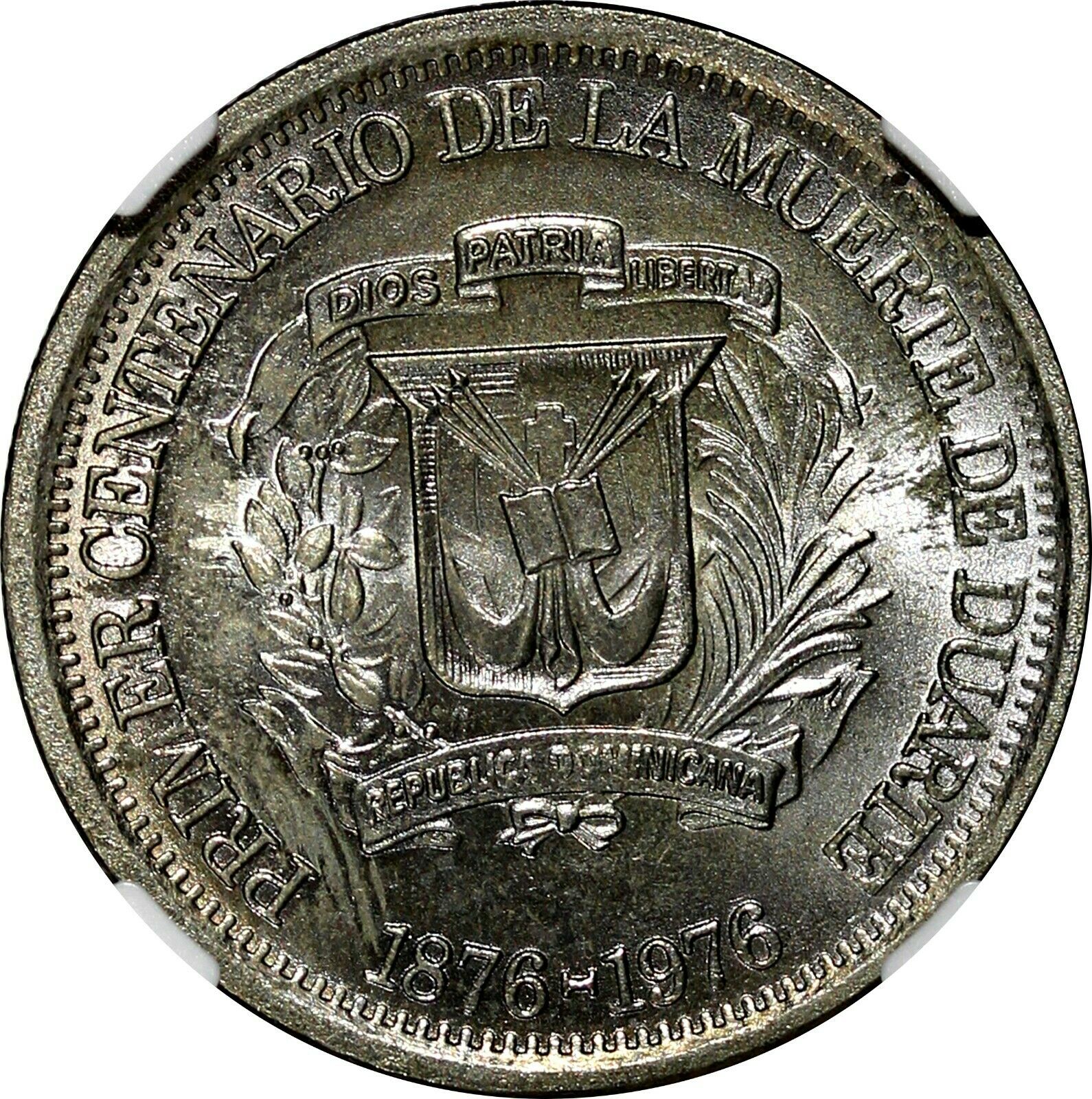 DOMINICAN REPUBLIC 1976 25 Centavos NGC MS65 Death of Juan Pablo Duarte KM#43(8) - Fresh Stock Dated February 2026