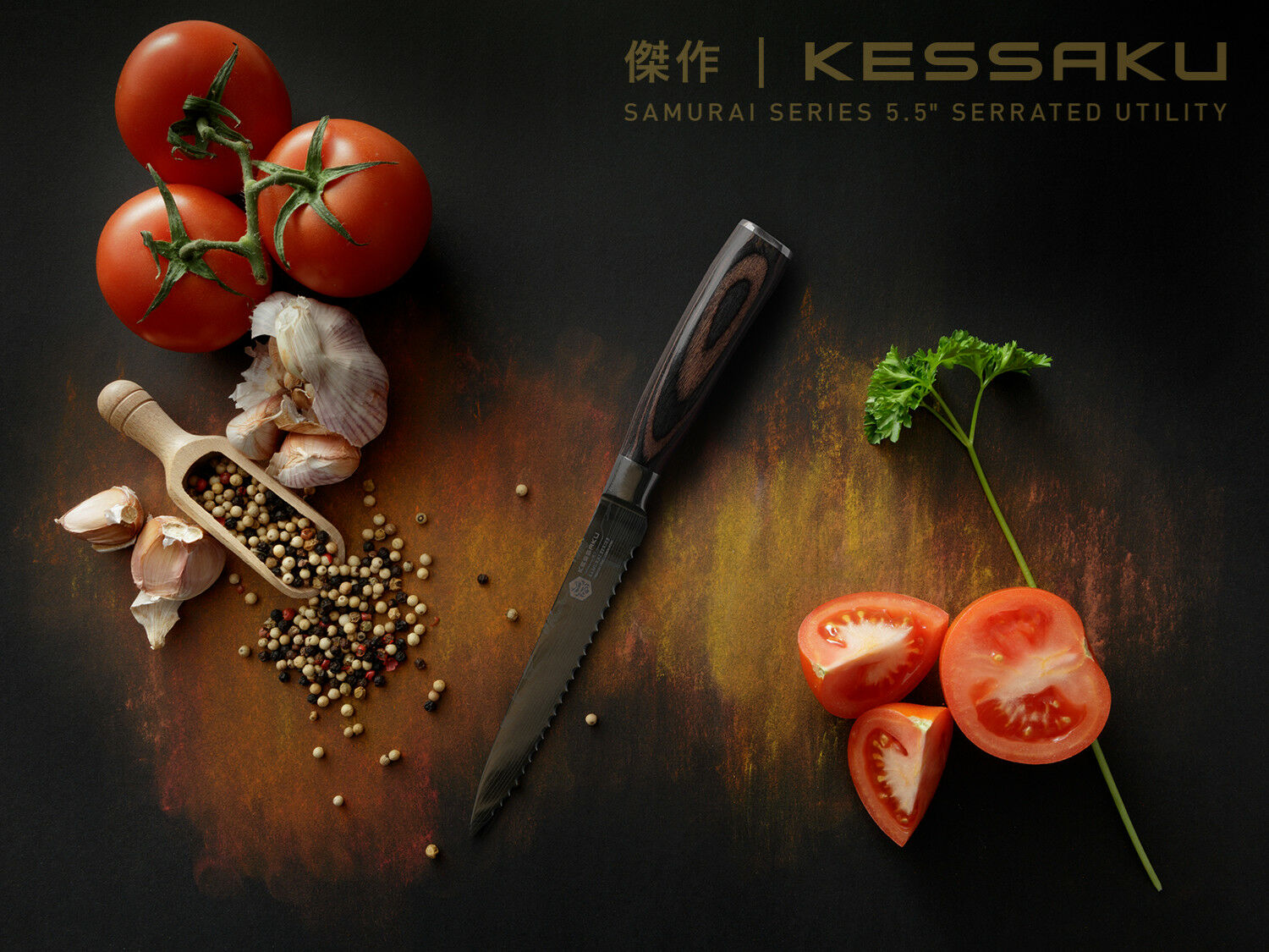 Kessaku 5.5-Inch Serrated Utility Knife - Samurai Series - HC 7Cr17MoV Steel - Fresh Stock Dated January 2026