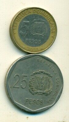 2 COINS..the DOMINICAN REPUBLIC..5 & 25 PESOS..BOTH 2008..5 PESO is BI-METAL - Fresh Stock Dated February 2026