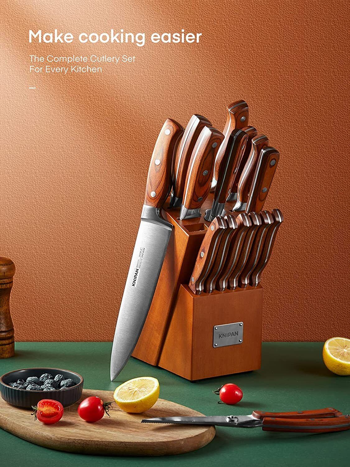 Knife Set, 16-Piece Kitchen Knife Set with Block Wooden German Stainless Steel - Fresh Stock Dated February 2026