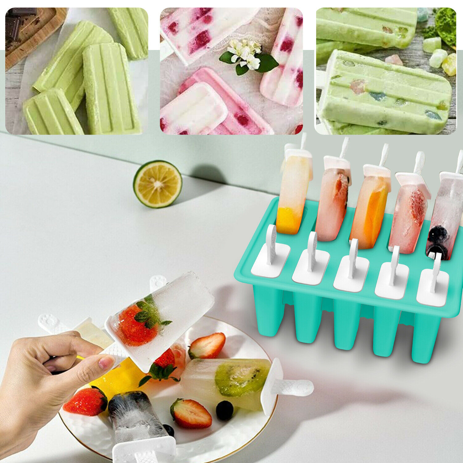 10 Cell Frozen Popsicle Molds Ice Cream Pop Maker Freezer Tray Fruit with Sticks - Fresh Stock Dated February 2026