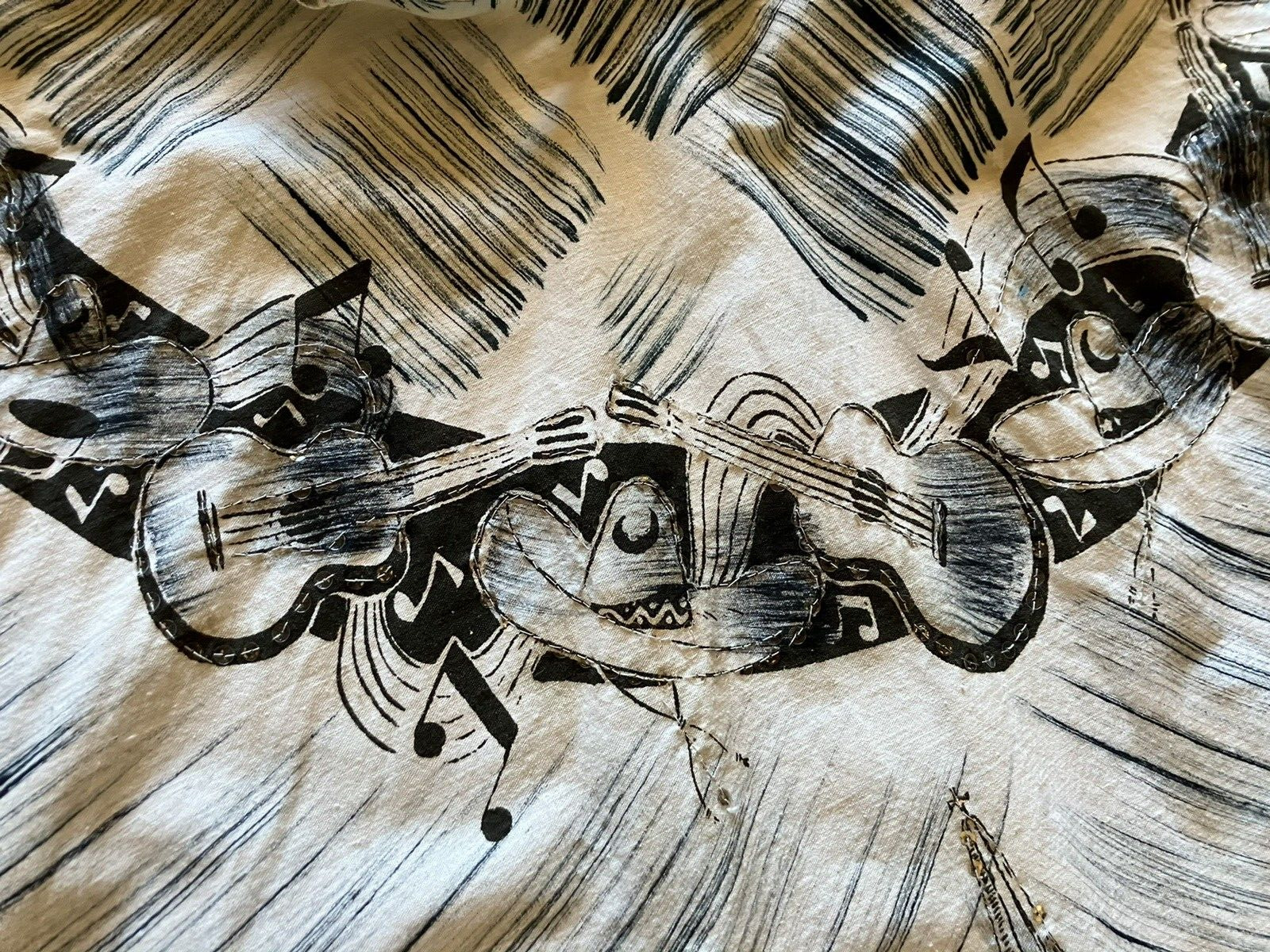 Vtg ARTEGREEN Mexico CIRCLE SKIRT Sz S Mexican 1950's GUITAR Hand Painted COOL! - Fresh Stock Dated March 2026