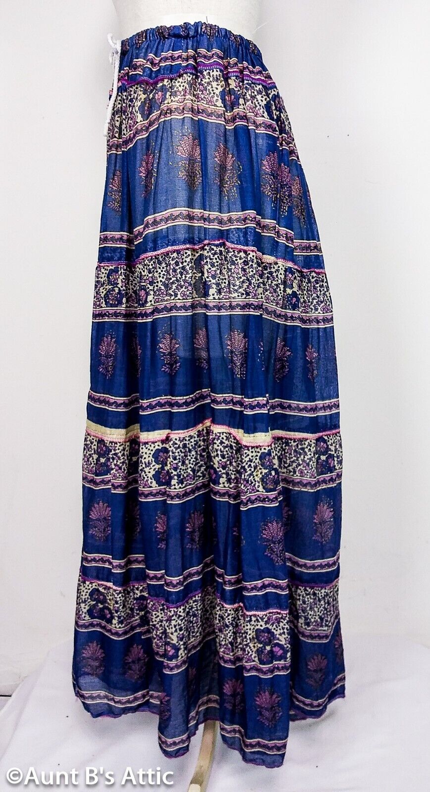 Vintage 90's Blue Multi Print Indian Cotton Elastic/Drawstring Waist Gauze Skirt - Fresh Stock Dated March 2026