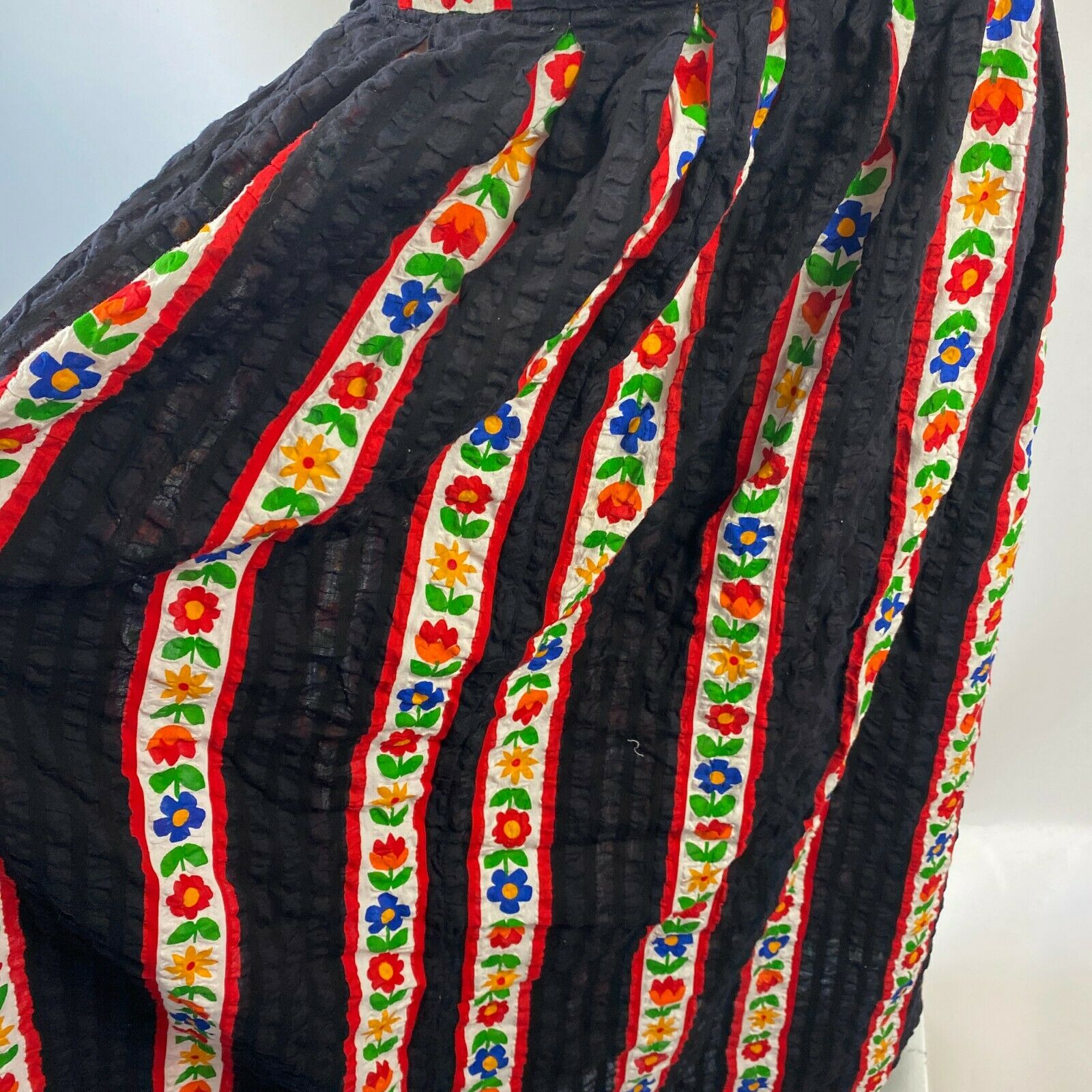 Vtg 70s Black Red Floral Seersucker Textured Maxi Long Zip Skirt Hippie XS/Small - Fresh Stock Dated February 2026