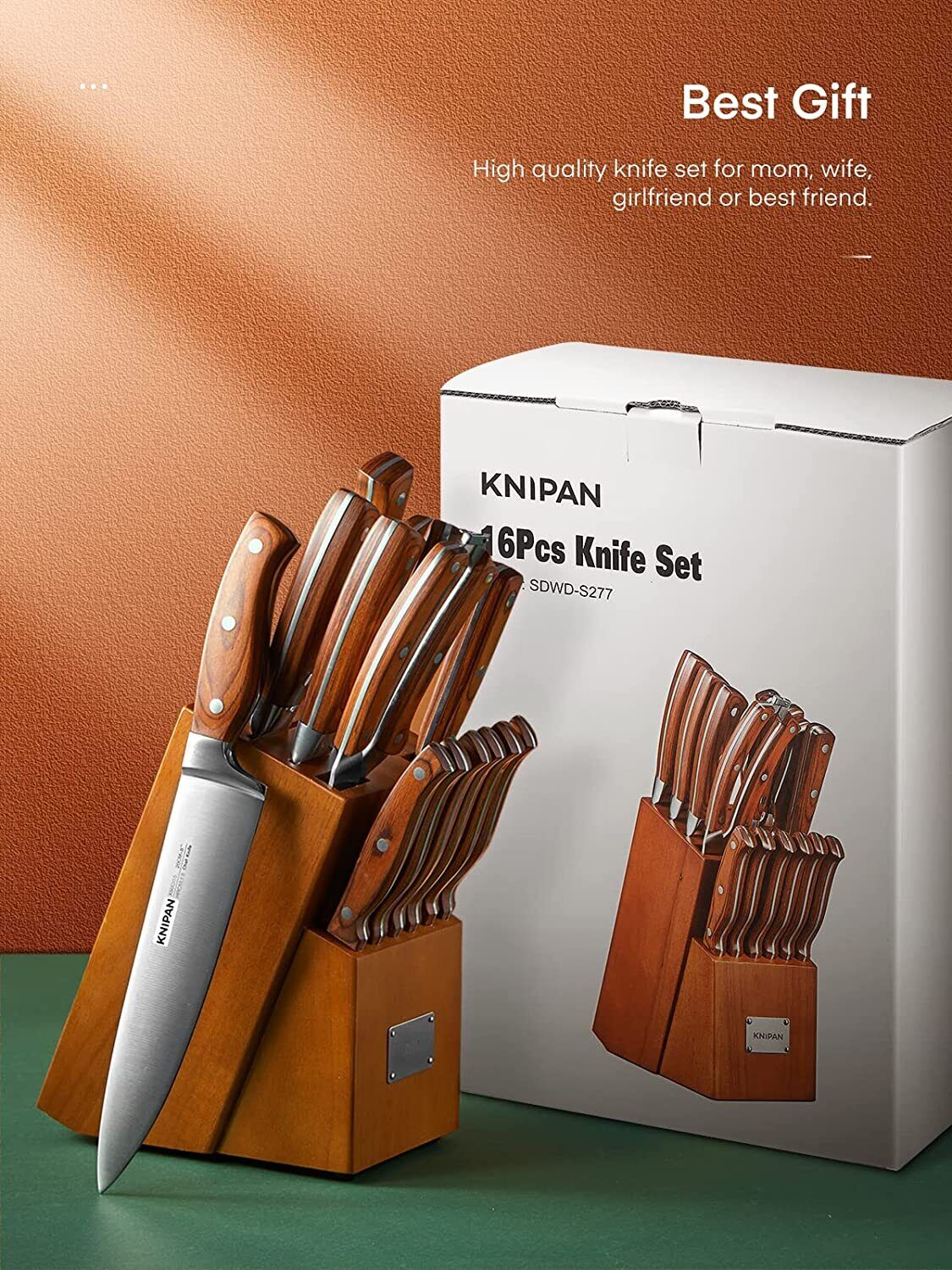 Knife Set, 16-Piece Kitchen Knife Set with Block Wooden German Stainless Steel - Fresh Stock Dated February 2026