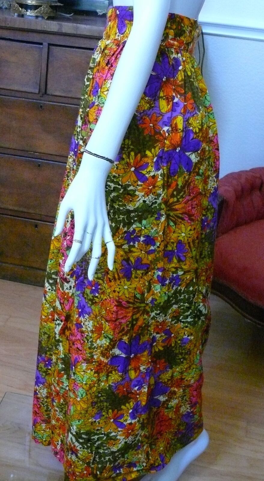 1960-70`s  Bright Intense Floral and Batik Look Long Skirt High Waisted WOW - Fresh Stock Dated February 2026