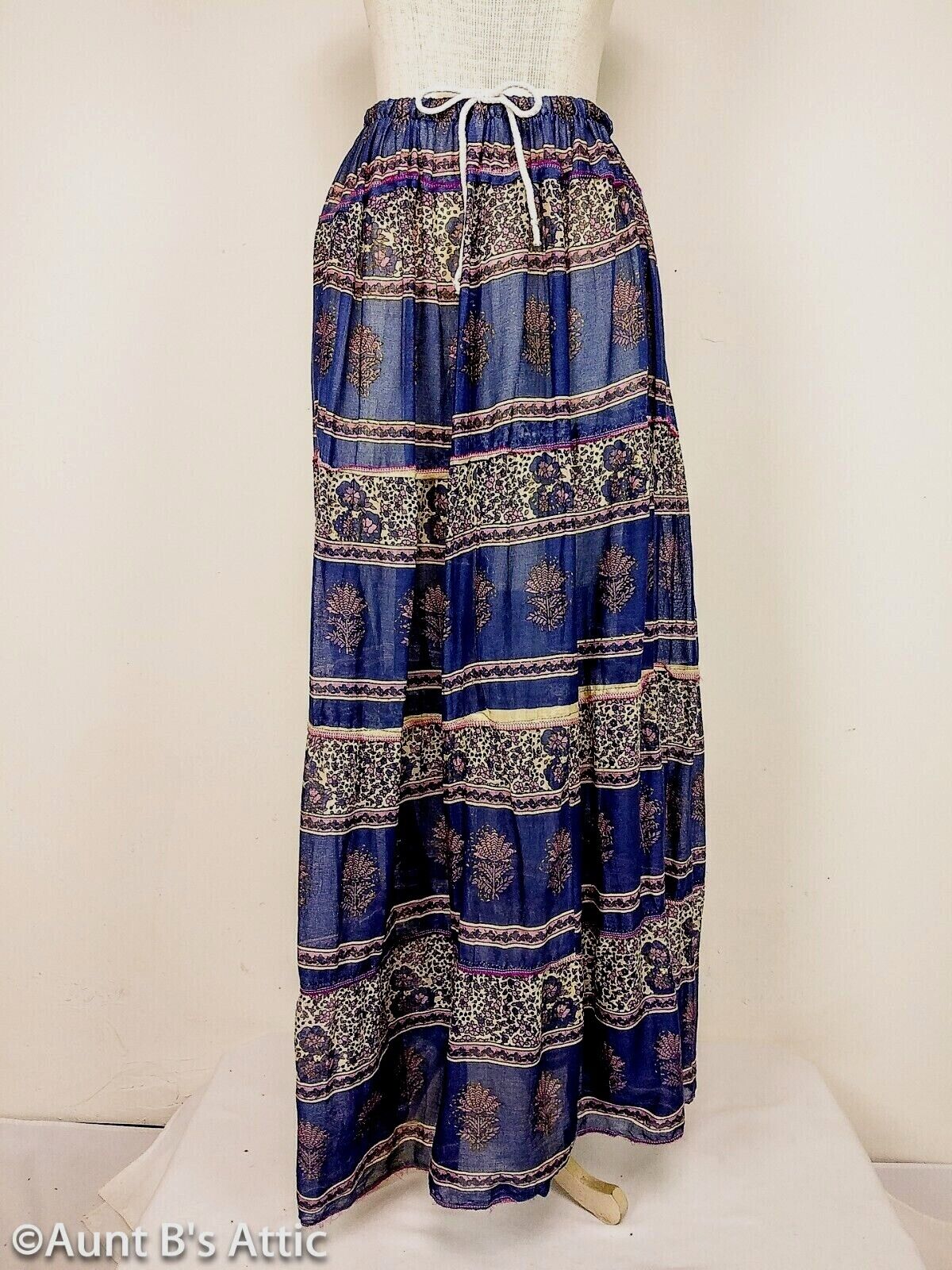 Vintage 90's Blue Multi Print Indian Cotton Elastic/Drawstring Waist Gauze Skirt - Fresh Stock Dated March 2026