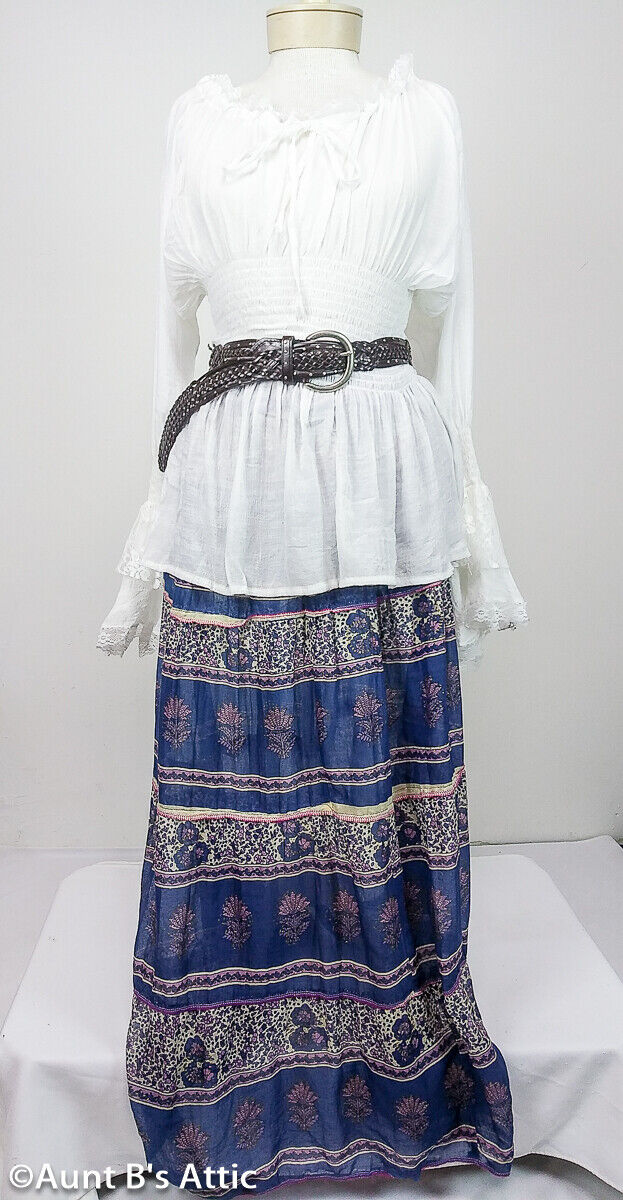 Vintage 90's Blue Multi Print Indian Cotton Elastic/Drawstring Waist Gauze Skirt - Fresh Stock Dated March 2026