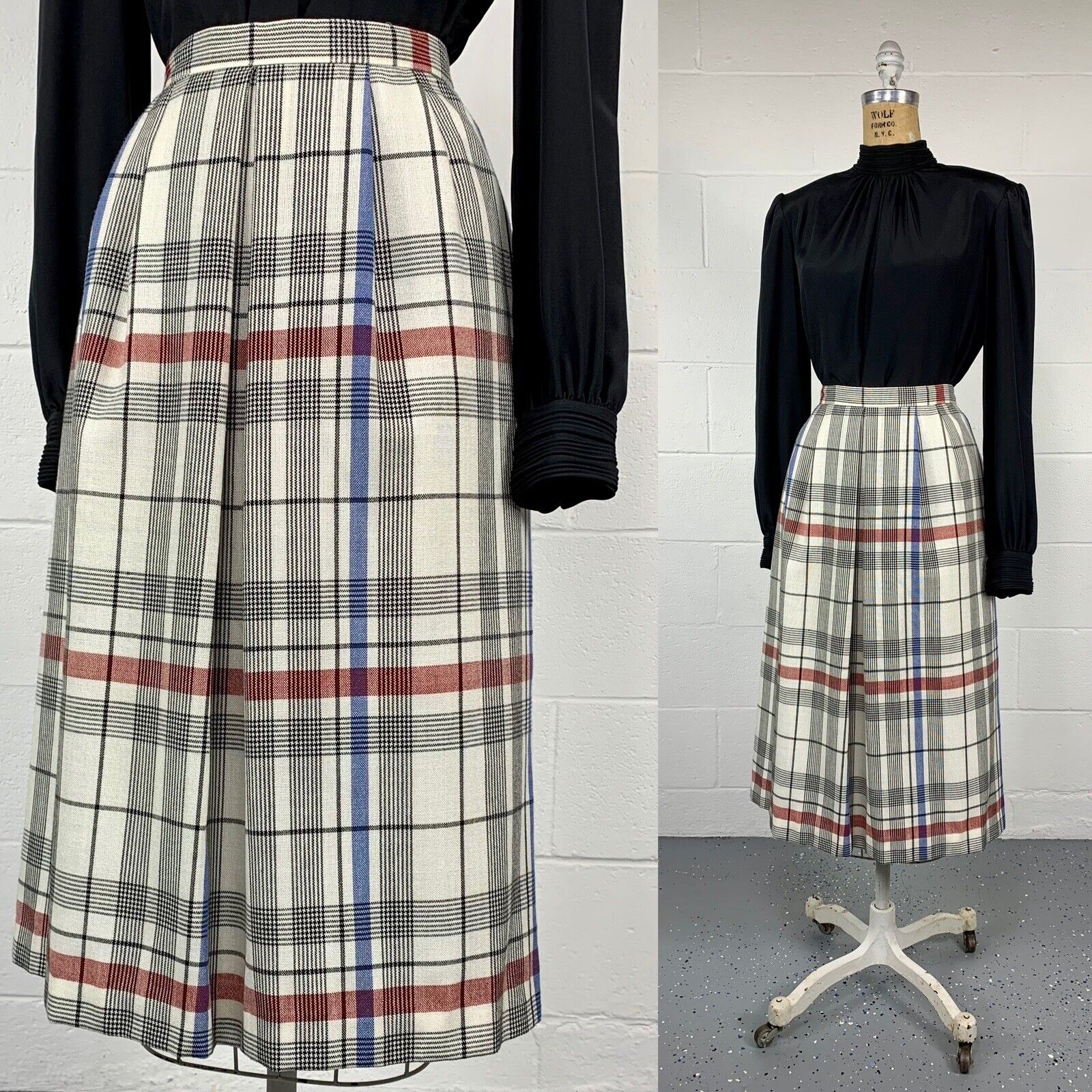 VTG 70s Ivory Windowpane Plaid A-line Midi Skirt With Pockets Dark Academia 8 M - Fresh Stock Dated March 2026