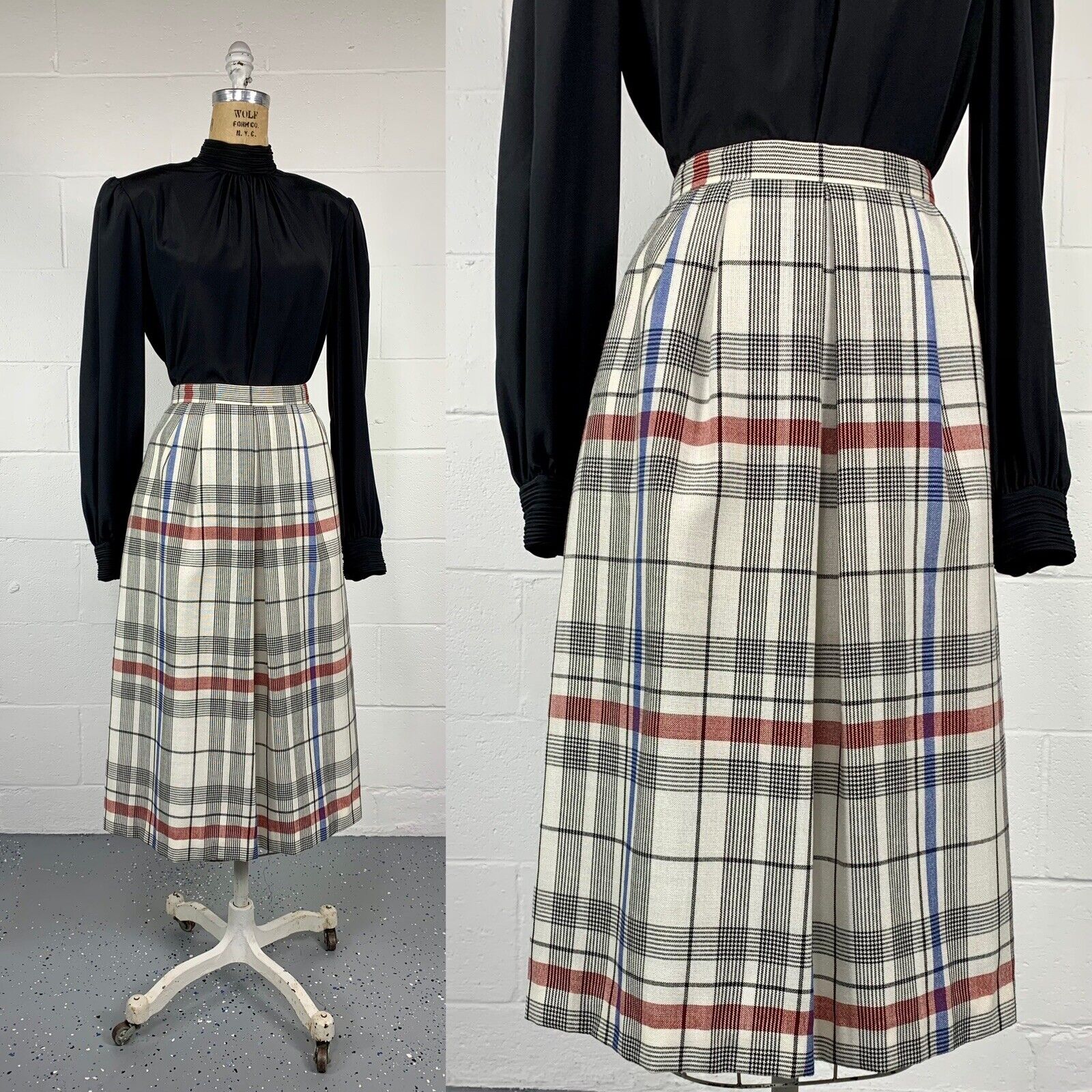 VTG 70s Ivory Windowpane Plaid A-line Midi Skirt With Pockets Dark Academia 8 M - Fresh Stock Dated March 2026