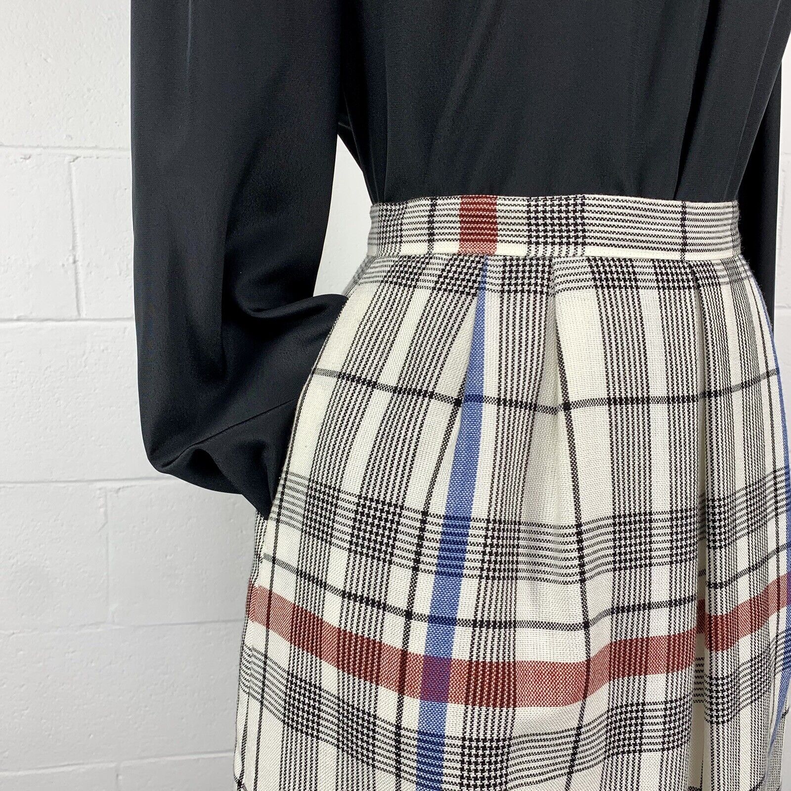 VTG 70s Ivory Windowpane Plaid A-line Midi Skirt With Pockets Dark Academia 8 M - Fresh Stock Dated March 2026