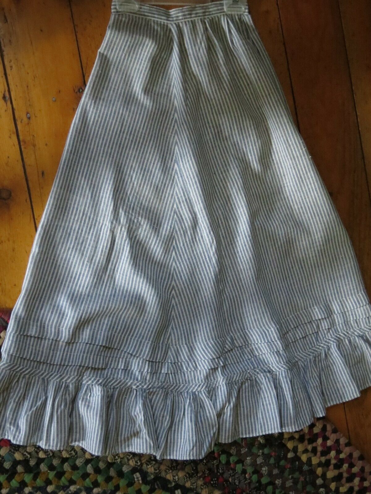 Vintage 1890's Ruffled Hem Skirt Blue Stripes on White Prairie Style - Fresh Stock Dated December 2025
