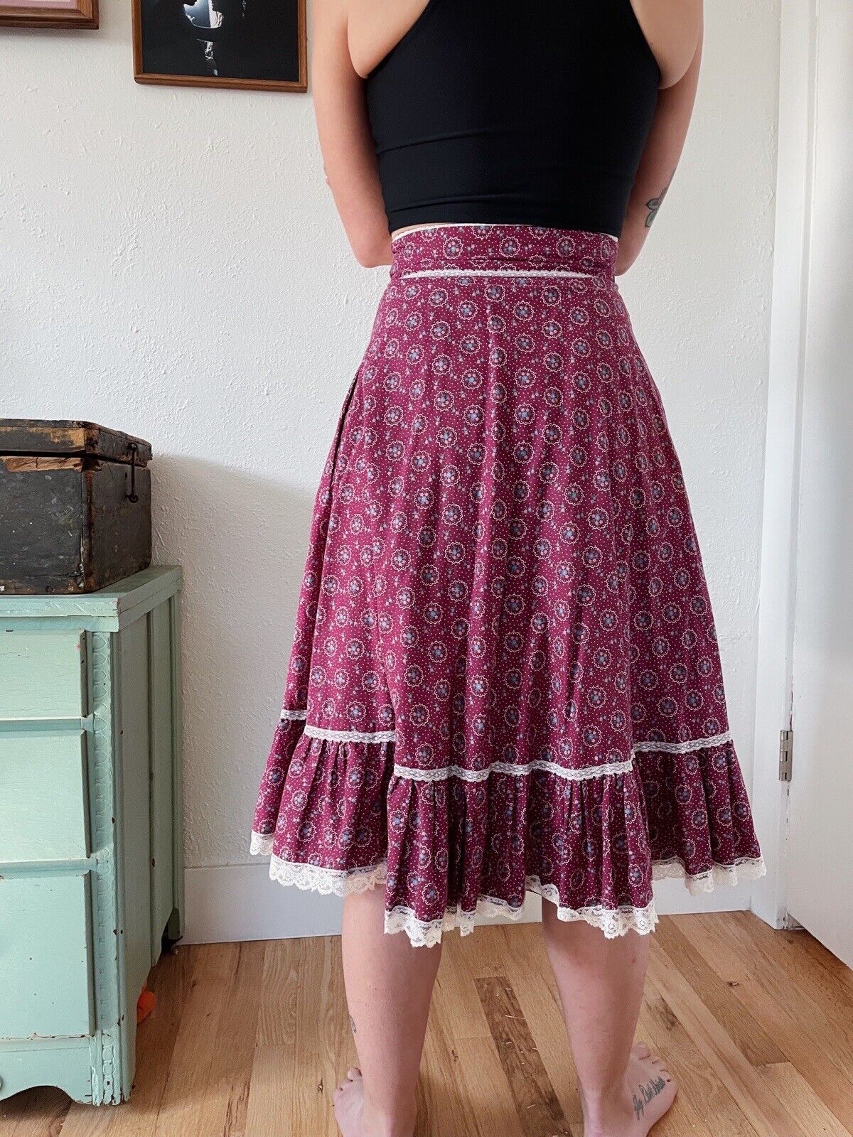 Vintage 1970's Gunne Sax Burgundy Floral midi Prairie Skirt - Fresh Stock Dated March 2026