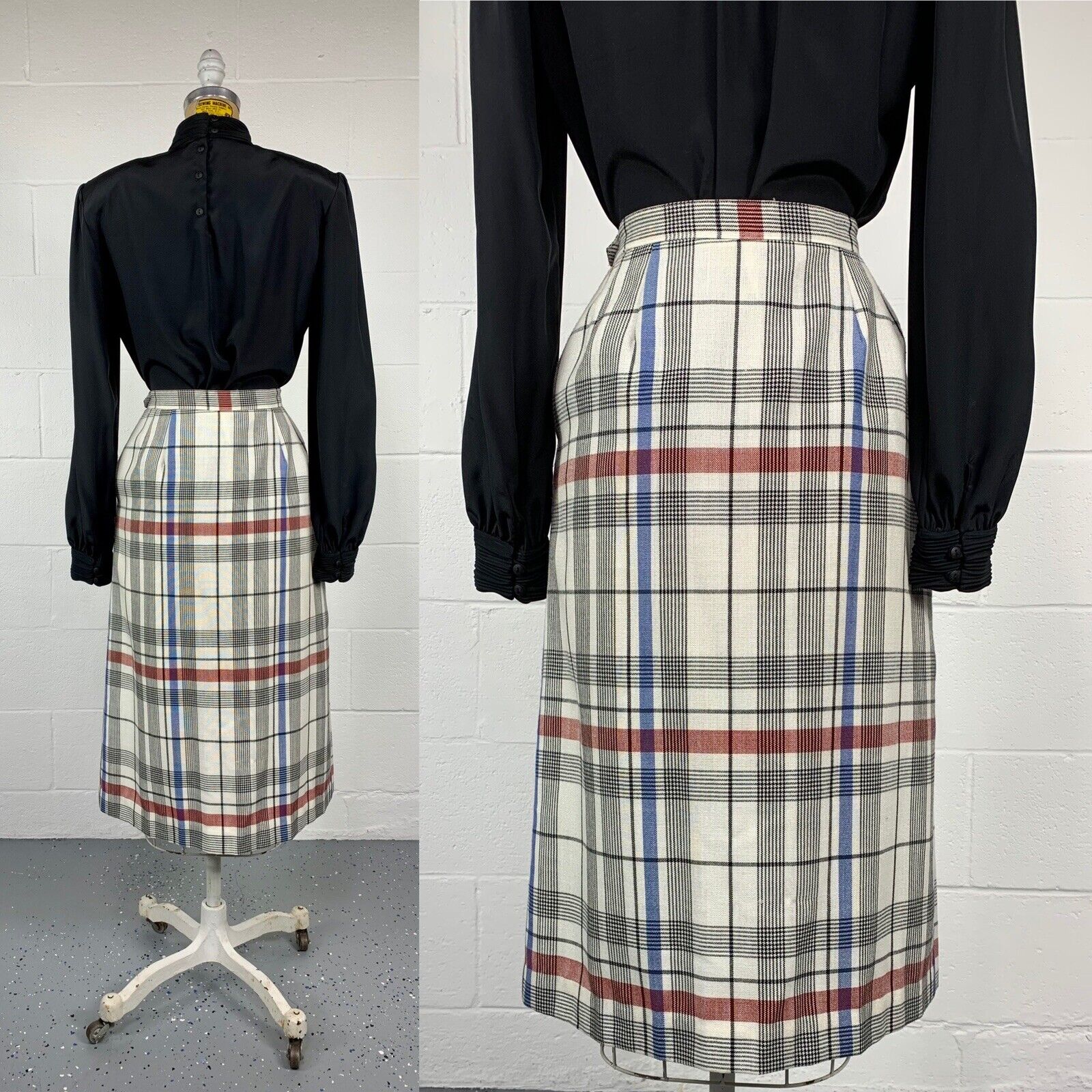 VTG 70s Ivory Windowpane Plaid A-line Midi Skirt With Pockets Dark Academia 8 M - Fresh Stock Dated March 2026
