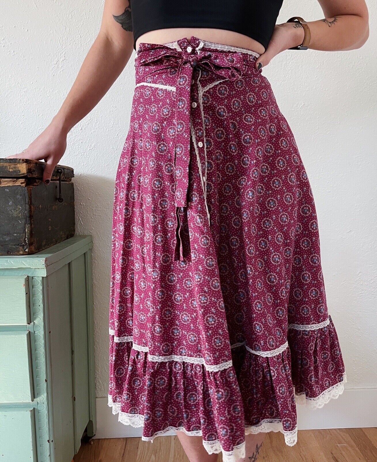 Vintage 1970's Gunne Sax Burgundy Floral midi Prairie Skirt - Fresh Stock Dated March 2026
