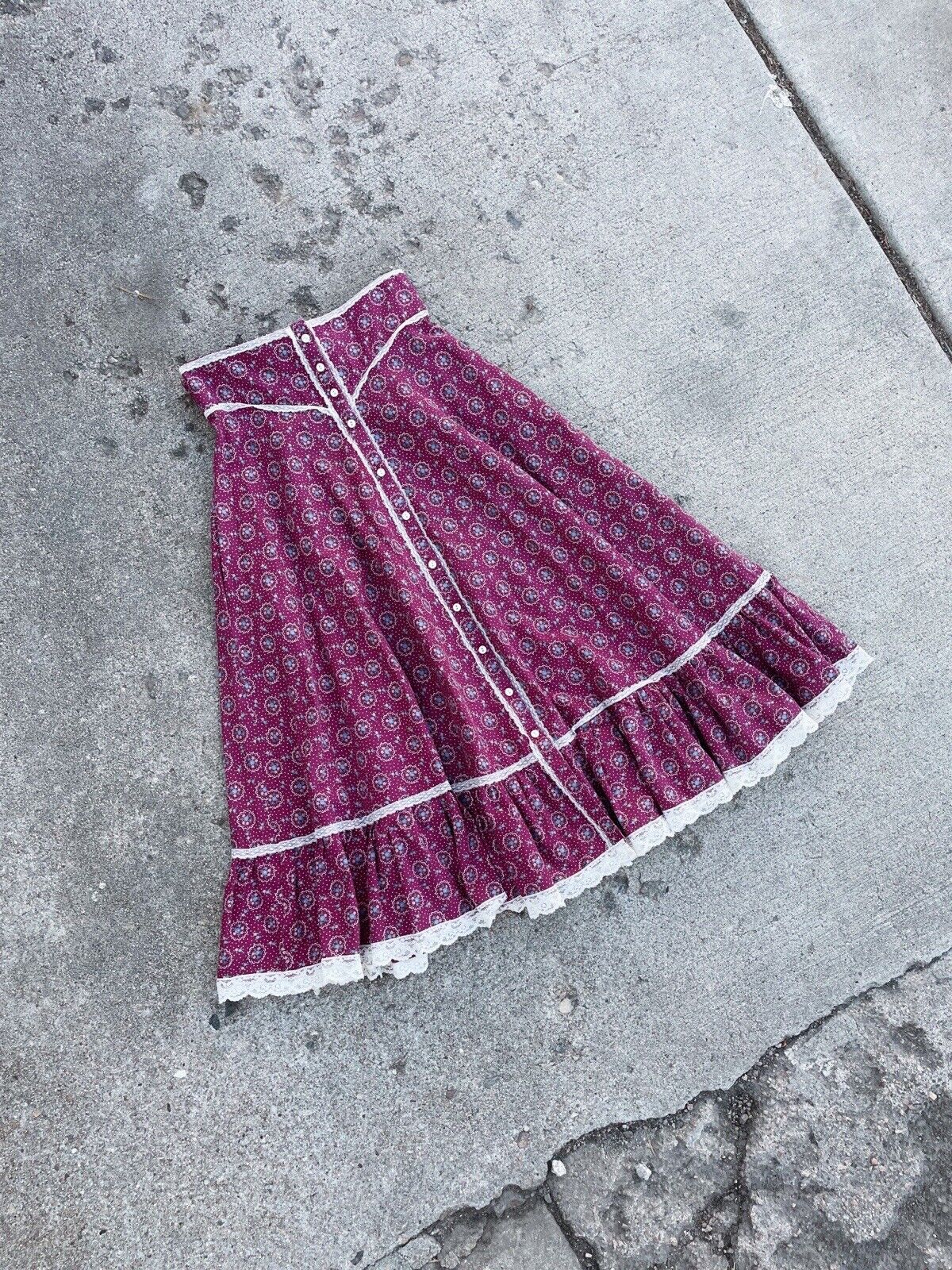 Vintage 1970's Gunne Sax Burgundy Floral midi Prairie Skirt - Fresh Stock Dated March 2026