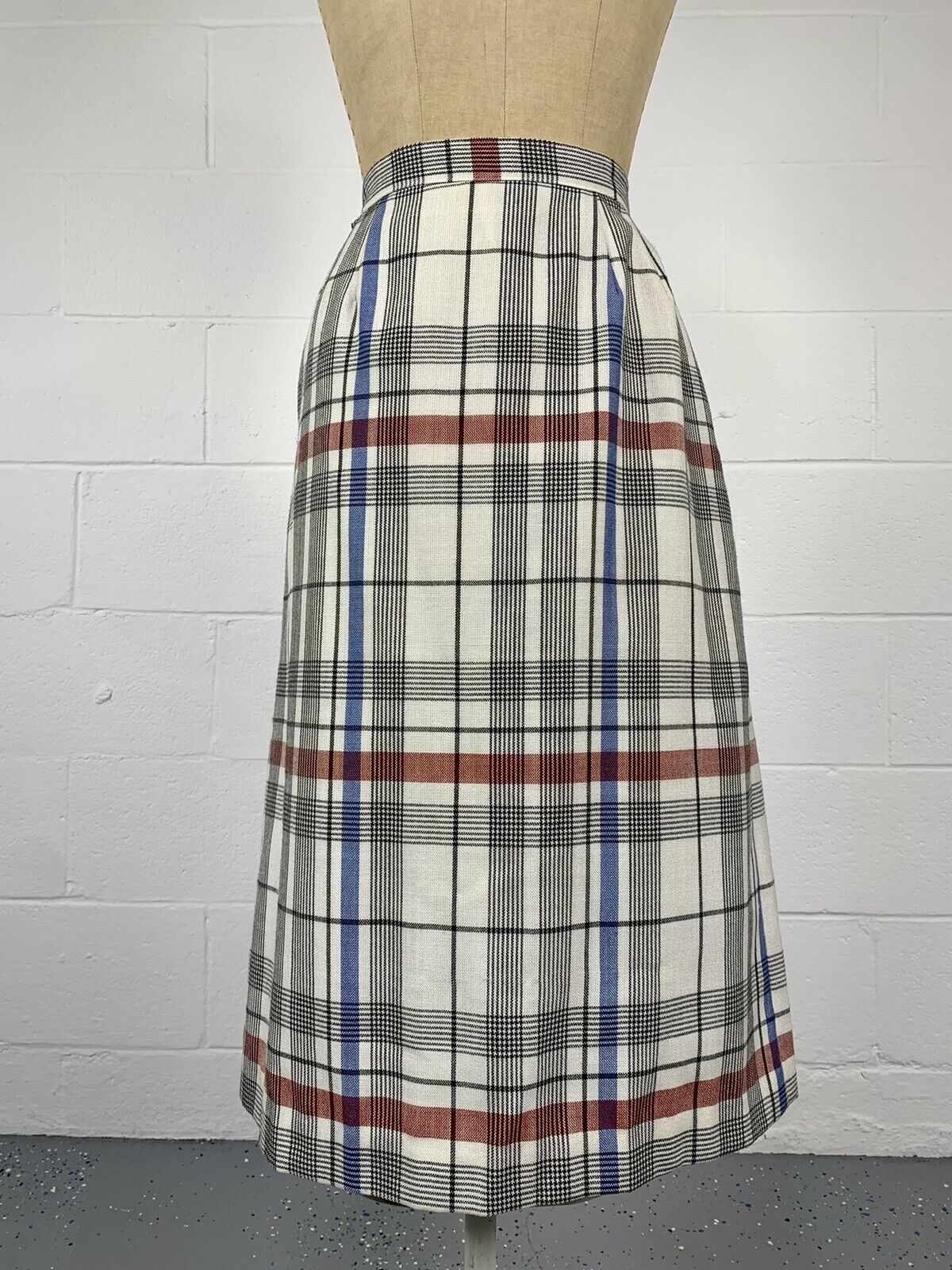 VTG 70s Ivory Windowpane Plaid A-line Midi Skirt With Pockets Dark Academia 8 M - Fresh Stock Dated March 2026