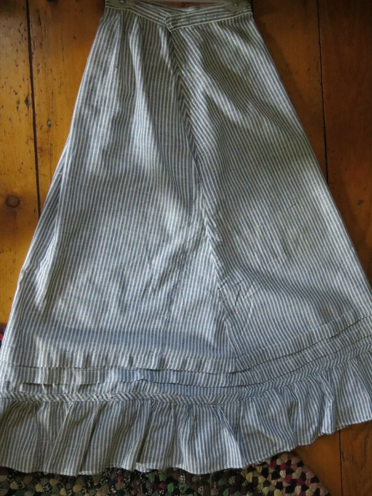 Vintage 1890's Ruffled Hem Skirt Blue Stripes on White Prairie Style - Fresh Stock Dated December 2025