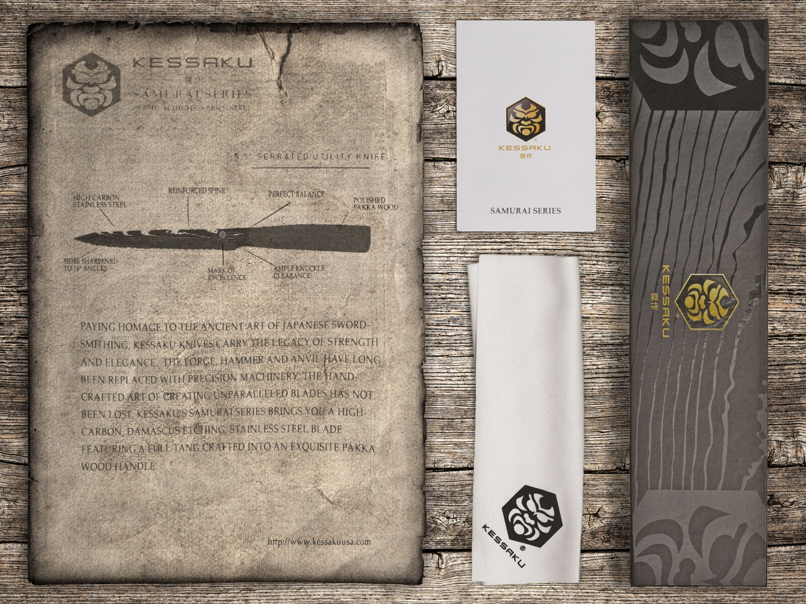 Kessaku 5.5-Inch Serrated Utility Knife - Samurai Series - HC 7Cr17MoV Steel - Fresh Stock Dated January 2026