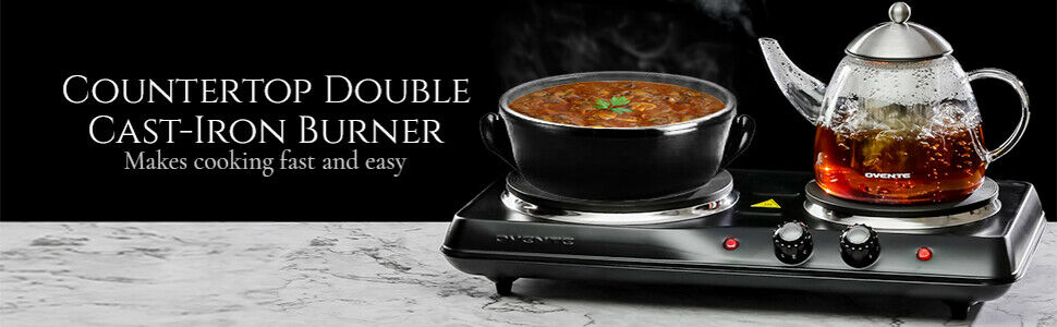 1700W Double Hot Plate Electric Countertop Cast Iron Burner, with 6 & 7 Inch Pla - Fresh Stock Dated December 2025