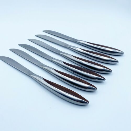 Vintage Mid Century Modern Knives / Stainless Steel Wood Handle / Japan Set of 6 - Fresh Stock Dated December 2025