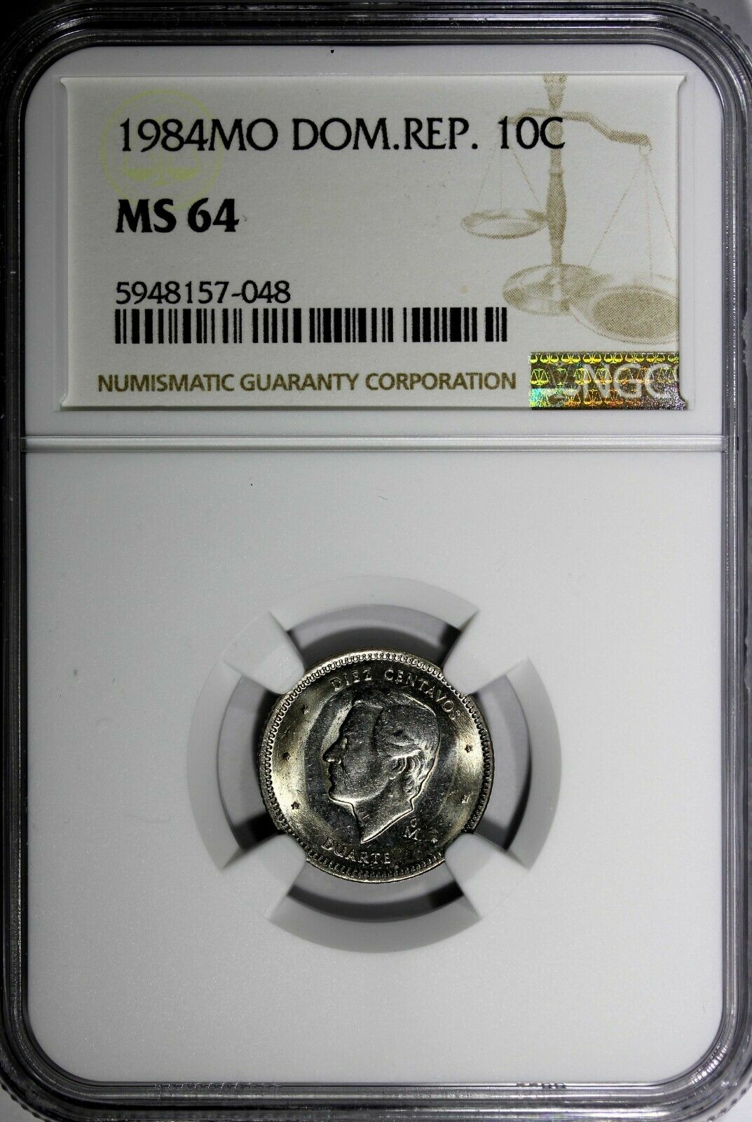 Dominican Republic Duarte 1984 MO 10 Centavos NGC MS64 Human Rights KM# 60 (48) - Fresh Stock Dated February 2026