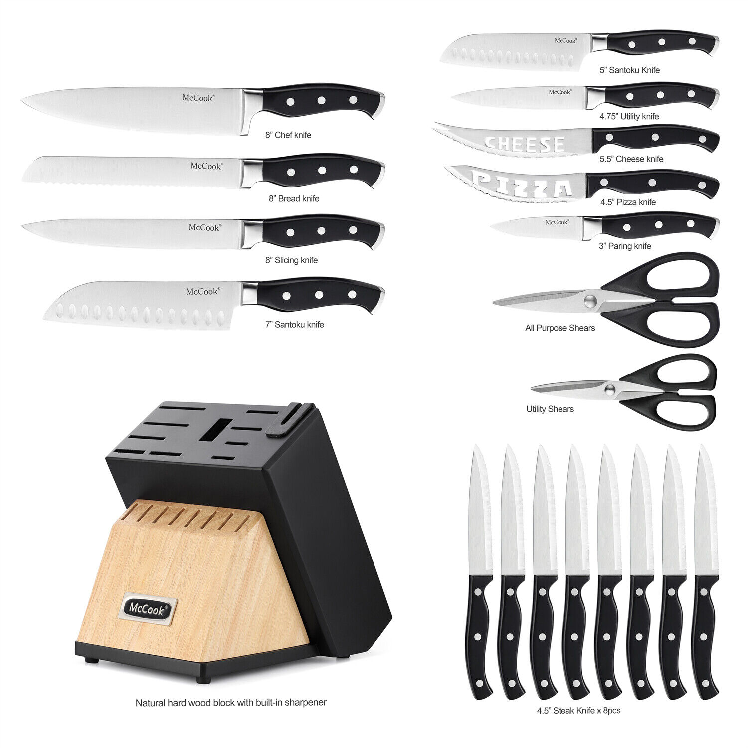 McCook MC65 20PCS Knife Block Set Steak Knife Block Knife Set Built-in Sharpener - Fresh Stock Dated February 2026
