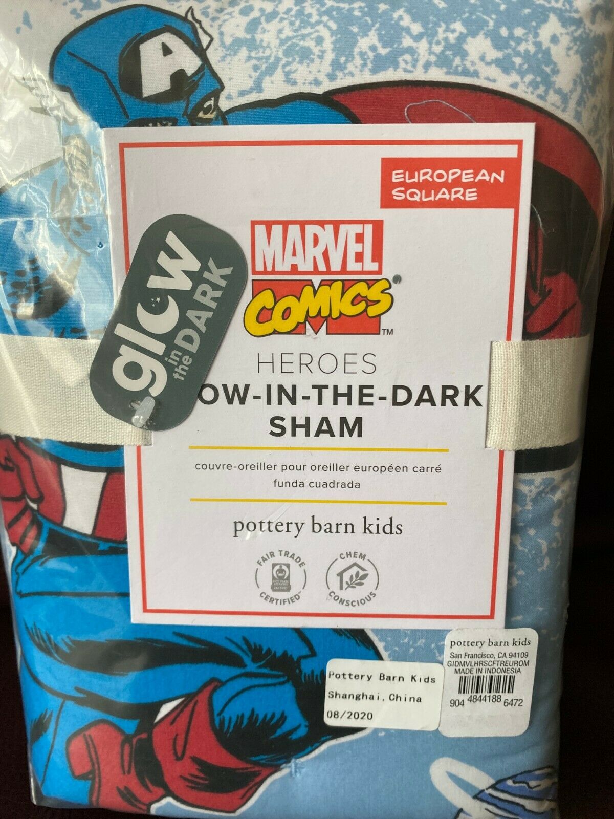 1 Pottery Barn Kids Glow in the dark MARVEL Comics heroes Quilted Euro Sham NEW - Fresh Stock Dated December 2025