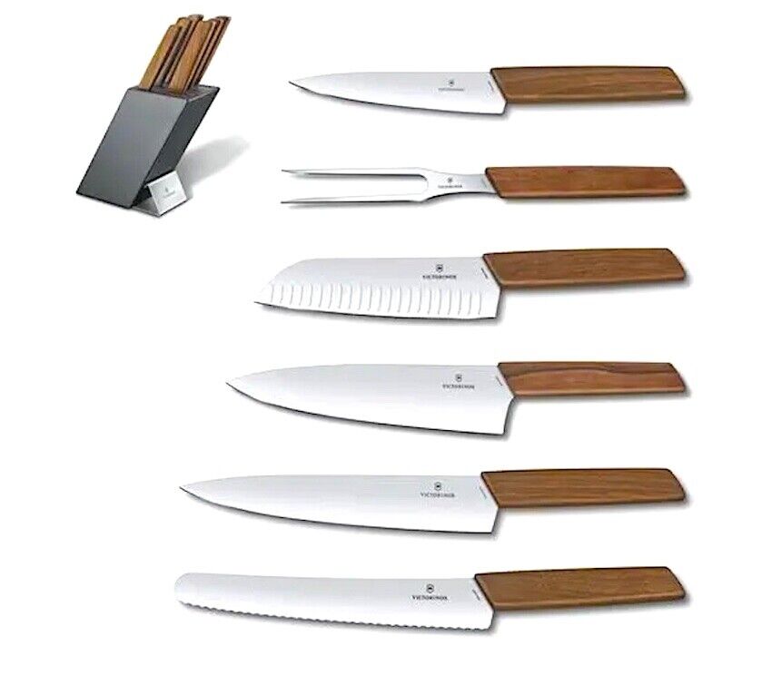 Victorinox Swiss Modern Kitchen Knife Block Set In Stainless & Walnut 6 Pieces - Fresh Stock Dated February 2026