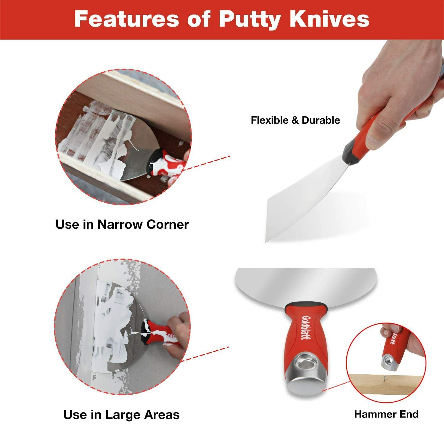 Drywall Taping-Putty Knife Set Premium (3, 4, 6, 8, 12