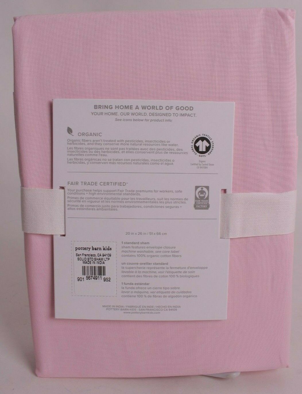 NWT Pottery Barn Kids Organic Cotton standard sham for duvet, pink - Fresh Stock Dated December 2025
