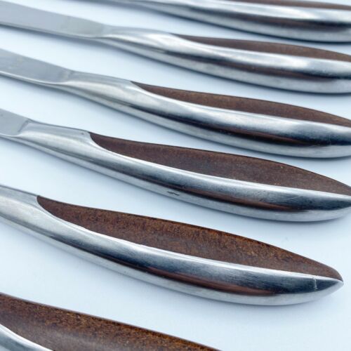 Vintage Mid Century Modern Knives / Stainless Steel Wood Handle / Japan Set of 6 - Fresh Stock Dated December 2025