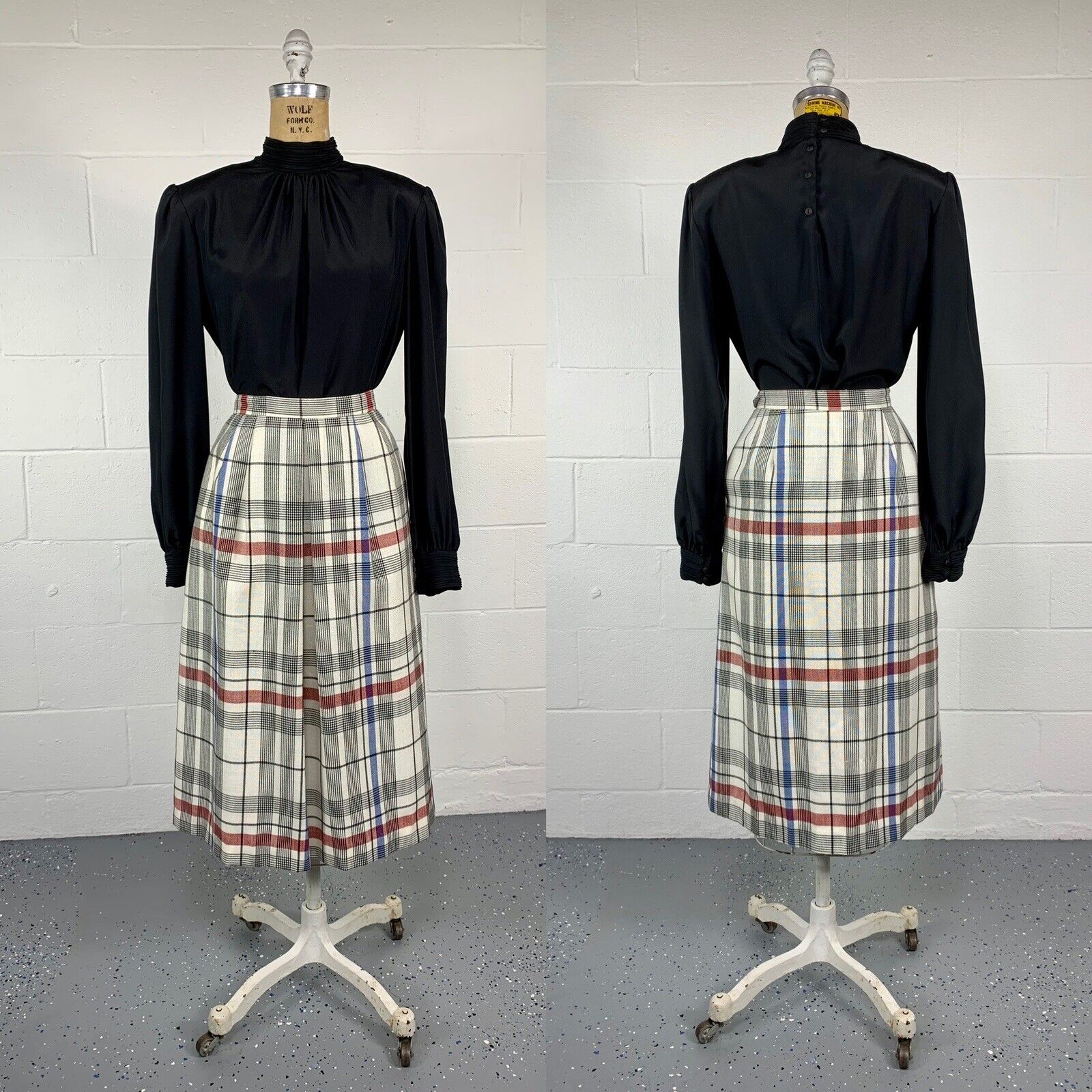 VTG 70s Ivory Windowpane Plaid A-line Midi Skirt With Pockets Dark Academia 8 M - Fresh Stock Dated March 2026