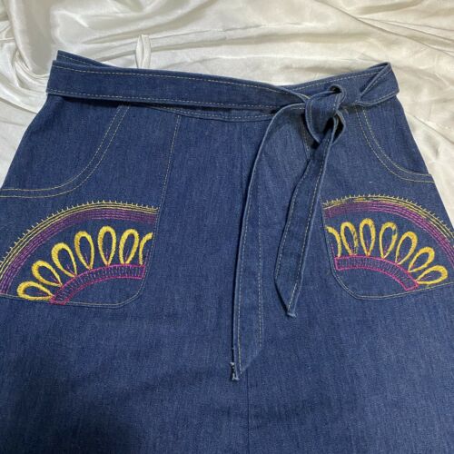 Vintage 1970s 70s Denim Wrap Pocket Embroidered Skirt Adjustable Size Small/Med - Fresh Stock Dated March 2026