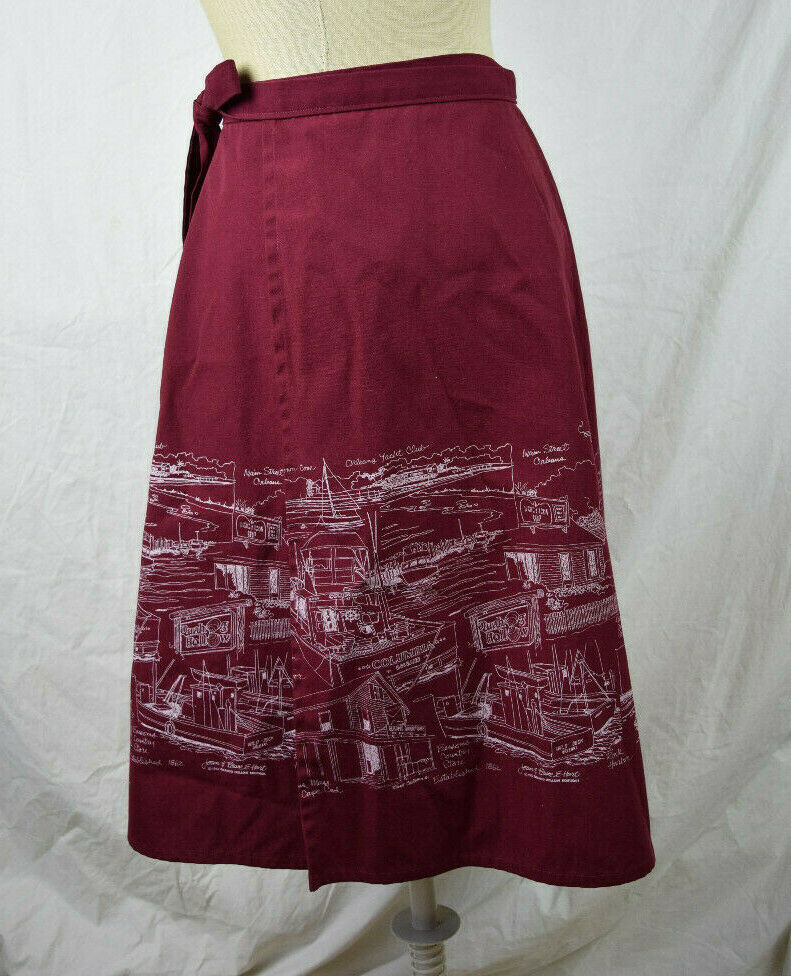 Vintage 80s JOAN HART DESIGNS Wrap Around Skirt Maroon White VTG Cape Cod Harbor - Fresh Stock Dated February 2026