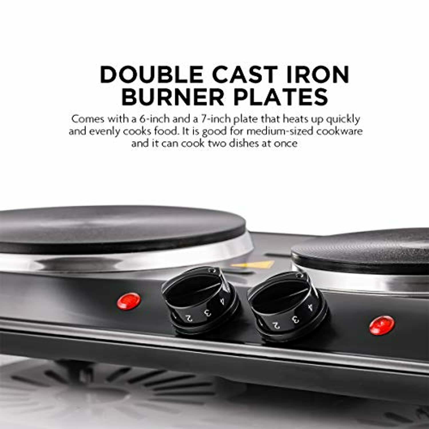 1700W Double Hot Plate Electric Countertop Cast Iron Burner, with 6 & 7 Inch Pla - Fresh Stock Dated December 2025