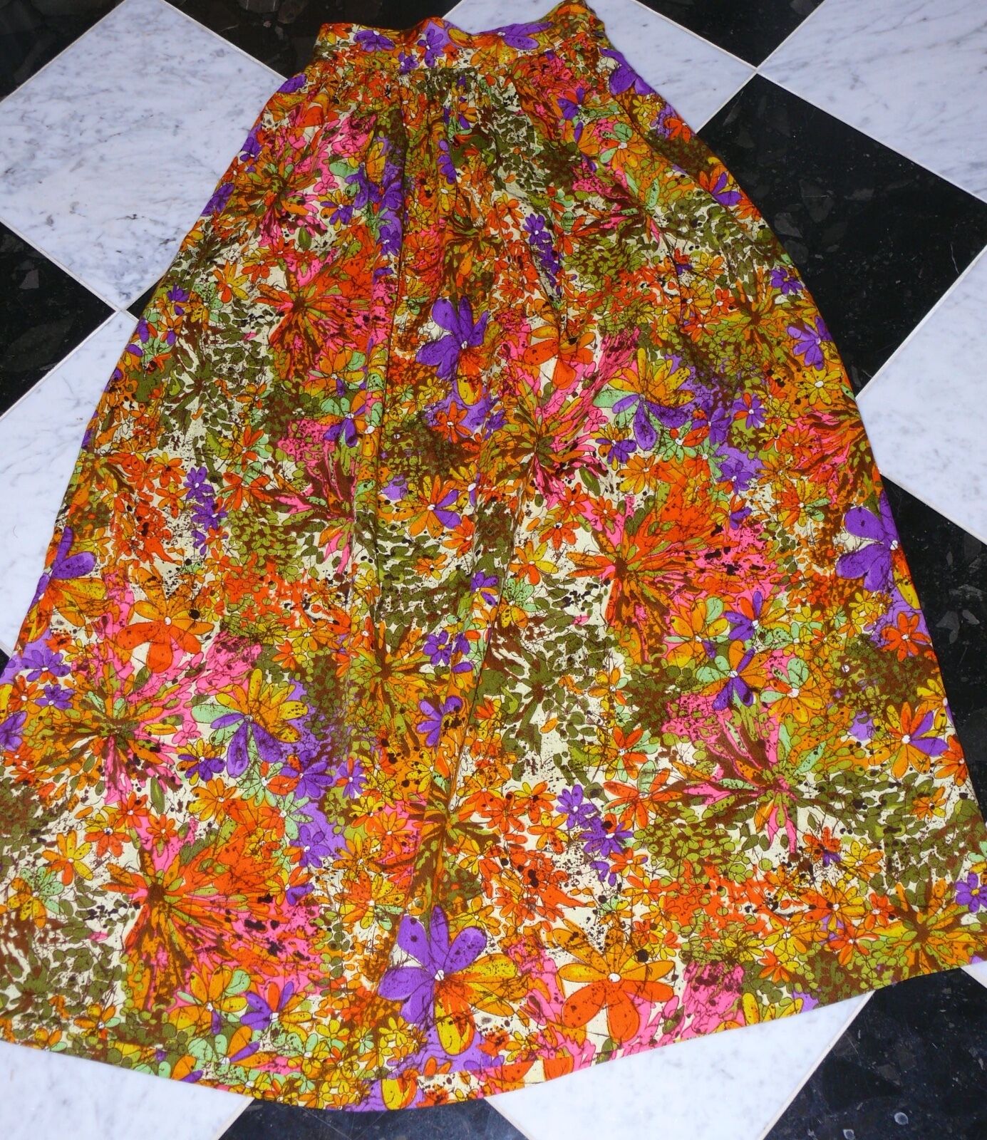 1960-70`s  Bright Intense Floral and Batik Look Long Skirt High Waisted WOW - Fresh Stock Dated February 2026