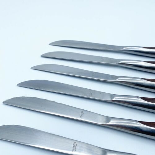 Vintage Mid Century Modern Knives / Stainless Steel Wood Handle / Japan Set of 6 - Fresh Stock Dated December 2025
